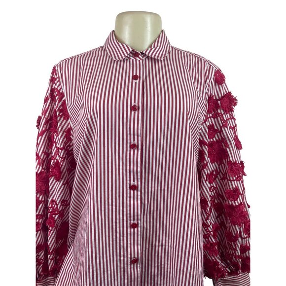 Chicos Red & White Striped Button-Up Shirt W/ Floral Lace Sleeves Size 12 - Picture 4 of 8